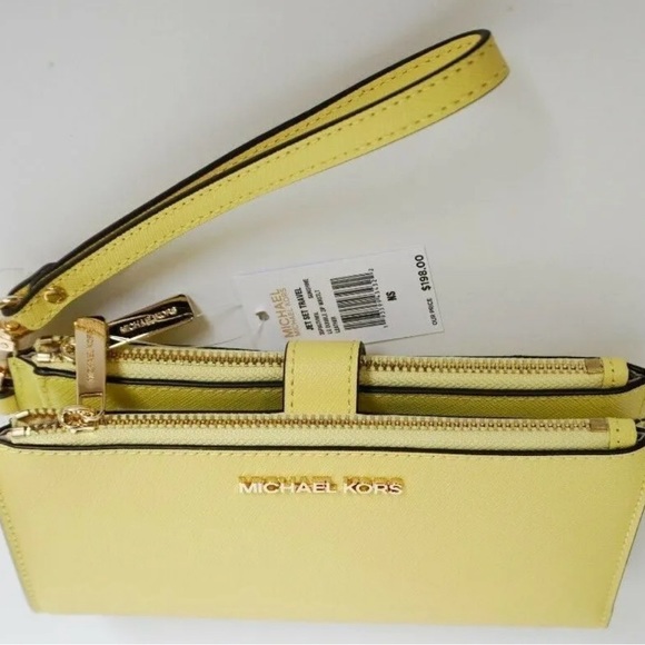 Michael Kors Jet Set Travel Lg Double Zip Wristlet Leather Wallet sunshine ⭐️ - Picture 3 of 11